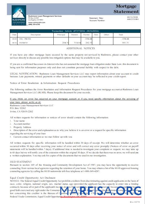 Blank USA California Rushmore Loan Management Services LLC mortgage statement, 3 pages, 3 scr download for verification